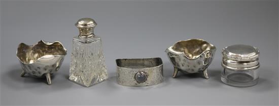 A pair of Victorian silver salts, two toilet jars and a silver & cabochon set Arts & Crafts napkin ring.